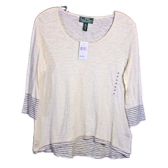 Lauren Active Ralph Lauren LRL Womens Top XS Striped Cream Navy Long Sleeve New - Picture 2 of 5